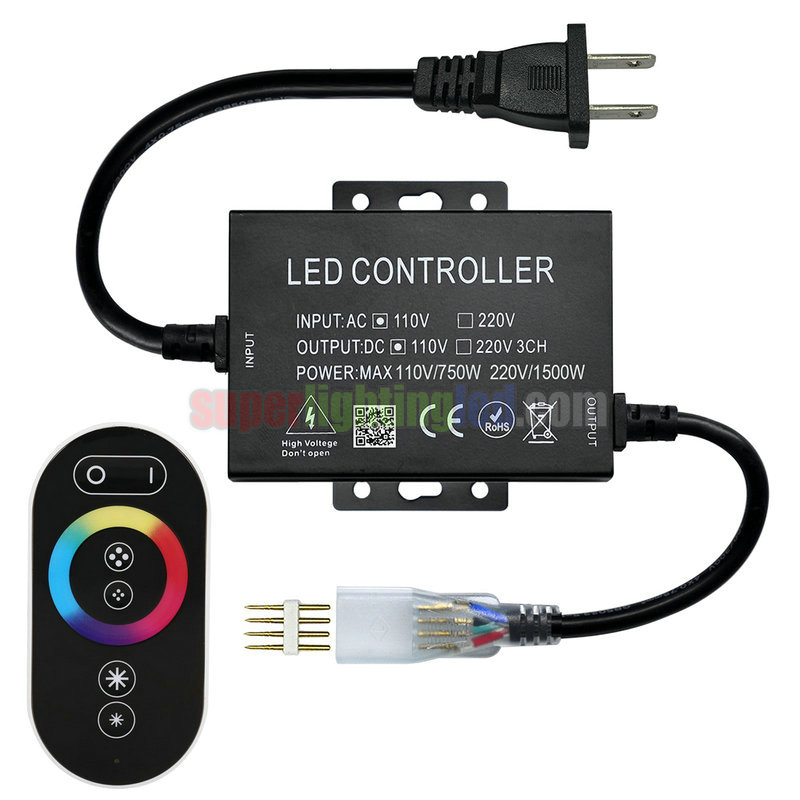 Waterproof IP67 AC110V/220V 1500W 6Keys Touch Color Ring RF RGB Controller, Suitable For Outdoor Waterproof Lighting Project With UL Listed AC US Plug